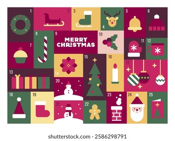 Christmas Advent Calendar with Holiday Icons and Cheerful Festive Colors Vector Illustration