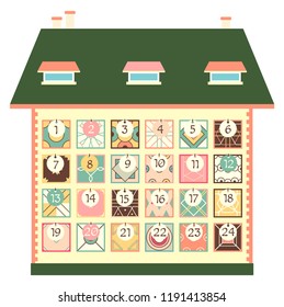 Christmas advent calendar with house and square patchwork icons with numbers in retro style. Merry Christmas design. EPS8