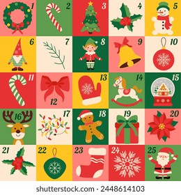 Christmas Advent calendar with icons elements. Geometric pattern. Vector flat design for poster, card, wallpaper, poster, banner, packaging. Santa Claus, red Christmas ball, ribbon bow