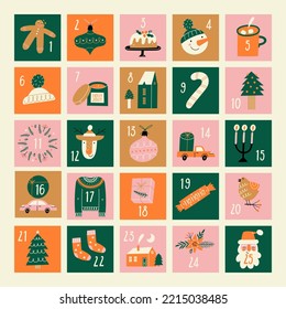 Christmas advent calendar illustration set. Vector illustration