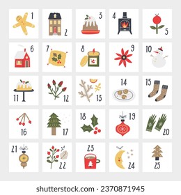 Christmas advent calendar illustration set. Vector illustration