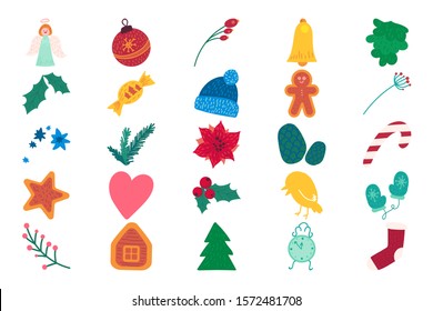 Christmas advent calendar items flat vector illustrations set. New year symbols and decoration