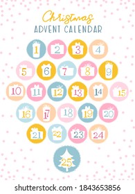 Christmas advent calendar for kids. Numbers in the silhouettes of gift boxes. Cute palette of sweets. Vector illustration in childish hand-drawn Scandinavian style