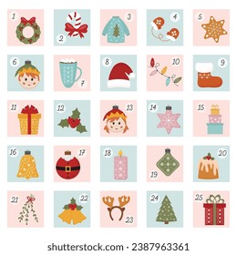 Christmas advent calendar for kids with numbers winter holiday elements and decorations in pastel colors. Printable advent stickers, gift tags. Christmas countdown. 