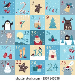 Christmas advent calendar in limited color palette and cartoon style. Image of cute animals, Santa, houses, gifts, jewelry and other winter elements. Stock vector graphics.