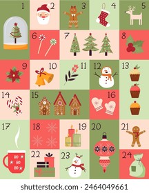 Christmas advent calendar. Magic ball, Christmas tree toys and Santa. Gingerbread houses and men, cupcakes and a cup of cocoa. Mittens and socks, decorative plants. Vector. Flat style. Vector