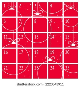 Weihnachtskalender im minimalistischen Stil mit Weihnachtsbälle-Dekoration auf rotem Hintergrund. Adventskalender mit Überraschungen für Kinder zu zählen Tage bis Winterferien. Vektorgrafik.