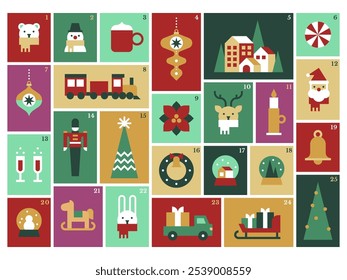 Christmas Advent Calendar with Modern Festive Illustrations and Bold Colors