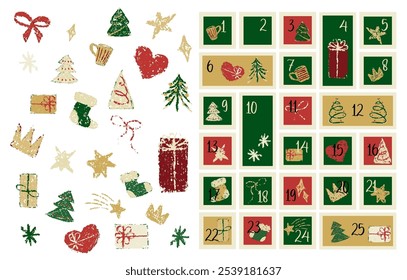 Weihnachts-Adventskalender mit Zahlen auf dem Tag. Stempelmuster für Geschenketikett. Crayon Weihnachtskarte mit Porto Chevron Design. Kid Bleistift Kritzel für Grußpost Set. Postkartenfenster für Gegenwart