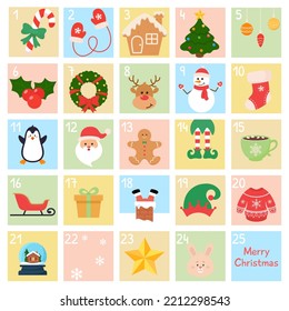 Christmas Advent calendar. Advent calendar for opening on christmas holidays with cute animals and traditional simbols. Winter holidays design elements. 