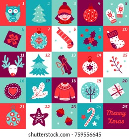 Christmas advent calendar with owl, tree, girl, ball, mittens, gift, socks, deer, cinnamon, berry, sweater, candy and cookie. Perfect for winter holidays