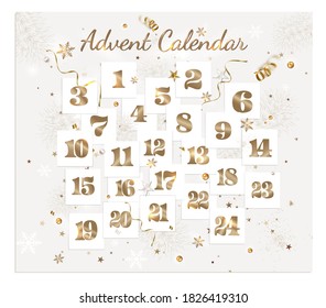 Christmas advent calendar. Paper sheets with number of the day of december, confetti, decorations on a white. New Year 2021 greeting card.Vector.