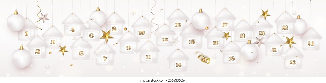 Christmas advent calendar. Paper sheets with number of the day of december, confetti, decorations on a white. New Year greeting card.