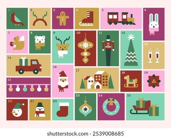 Christmas Advent Calendar with Playful Holiday Icons and Bright Color Palette