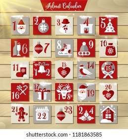 Christmas Advent Calendar Or Poster. Winter Holidays Design Elements. Countdown Calendar.