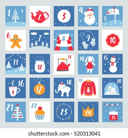 Christmas Advent Calendar or Poster. Winter Holidays Design Elements