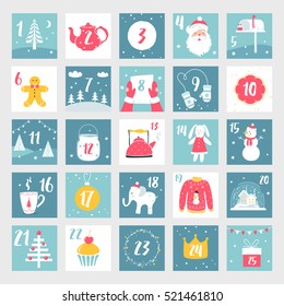 Christmas Advent Calendar or Poster. Winter Holidays Design Elements. Countdown Calendar.