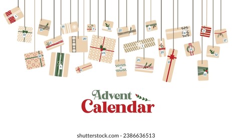 Christmas advent calendar. Presents in kraft paper, gift box. Eco decoration Xmas. Vector flat cartoon illustration, 