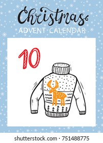 Christmas Advent Calendar Printable card. Tear-Off Calendar Page. Ugly Christmas Sweater with Embroidered Moose. December Day 10 