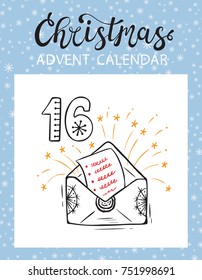 Christmas Advent Calendar Printable card. Tear-Off Calendar Page. Envelope with Letter to Santa. Christmas Wish List. December Day 16