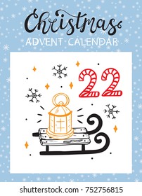 Christmas Advent Calendar Printable card. Tear-Off Calendar Page. Winter.  Snow sled and Lantern. December Day 22