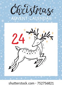 Christmas Advent Calendar Printable card. Tear-Off Calendar Page. Christmas reindeer. Deer. December Day 24