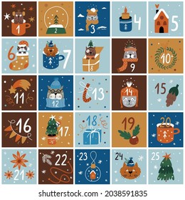Weihnachtskalender druckbar. Set Weihnachtskarten. Vektorgrafik, handgezeichnet. 