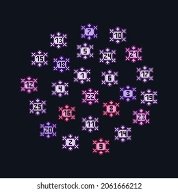 Christmas Advent calendar with randomly mixed numbers written on snowflakes forming round ornament on black background.Old school vintage retro 80s, 90s 2d computer, video game, slot machine graphics.
