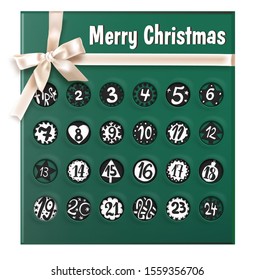 Christmas Advent calendar. Realistic poster. Holiday design, decor. Green gift box with white bow ribbon. Vector illustration.