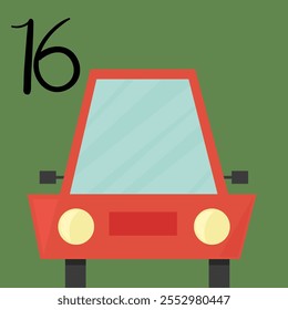 Christmas advent calendar with red car on green background. 16th of december day. Vector flat illustration