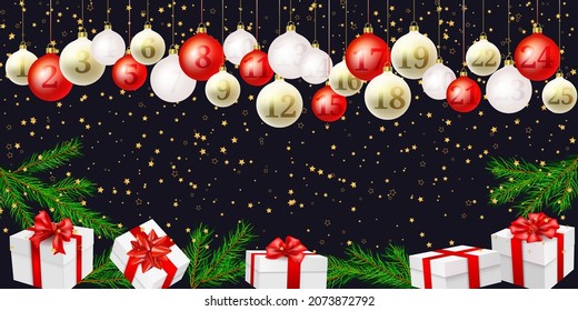 Christmas advent calendar. Red, gold christmas balls with number of the day of december, surprise box, christmas tree, confetti stars. Great for Christmas posters, headers, seasonal wallpaper. Vector