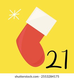 Christmas advent calendar with red sock. 21st of december day. Vector flat illustration