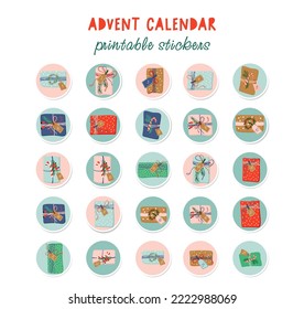 Calendario de anticipo de Navidad. Colección de etiquetas imprimibles redondas para el calendario de cuenta regresiva de Navidad tradicional. Ilustración vectorial de cajas de regalo coloridas con decoración de invierno.
