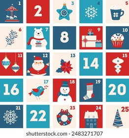 Christmas advent calendar with Santa Claus, snowflakes, snowman, bird, gifts, christmas tree, stars, decorative balls. Countdown holiday calendar. 