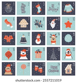 Christmas advent calendar with Santa Claus, snowman, candies, gifts, christmas tree. Countdown holiday calendar. December dates festive events. Illustration