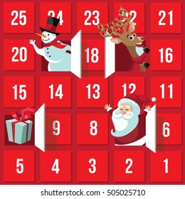 Christmas Advent Calendar with Santa Claus, reindeer, snowman and gift. EPS 10 vector.