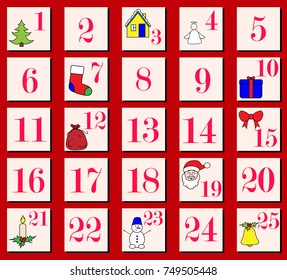 Christmas Advent Calendar with Santa Claus, reindeer, snowman, gift and others. EPS 10 vector.