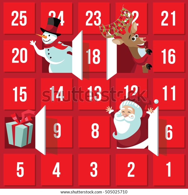 Christmas Advent Calendar with Santa Claus,\
reindeer, snowman and gift. EPS 10\
vector.