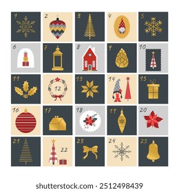 Christmas advent calendar in Scandinavian style. Cute Christmas illustrations and numbers. Winter festive tradition. Countdown holiday calendar. Vector.