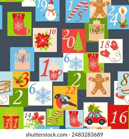 Christmas advent calendar seamless pattern with gnome, candy kane, mistletoe, cookies, holiday, candle, gift, box, Christmas wreath, boots, Christmas tree toy