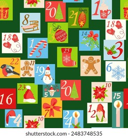 Christmas advent calendar seamless pattern with gnome, candy kane, mistletoe, cookies, holiday, candle, gift, box, Christmas wreath, boots, Christmas tree toy