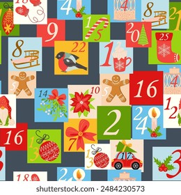 Weihnachtsmusiken Adventskalender Nahtloses Muster mit Gnom, Candy Kane, Mistel, Kekse, Feiertag, Kerze, Geschenk, Box, Weihnachtsmusiken Kranz, Stiefel, Weihnachtsbaumspielzeug