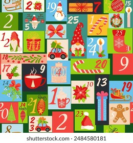 Weihnachtsmusiken Adventskalender Nahtloses Muster mit Gnom, Candy Kane, Mistel, Kekse, Feiertag, Kerze, Geschenk, Box, Weihnachtsmusiken Kranz, Stiefel, Weihnachtsbaumspielzeug