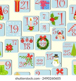 Christmas advent calendar seamless pattern with gnome, candy kane, mistletoe, cookies, holiday, candle, gift, box, Christmas wreath, boots, Christmas tree toy