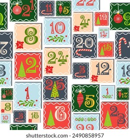 Christmas advent calendar seamless pattern with gnome, candy kane, mistletoe, cookies, holiday, candle, gift, box, Christmas wreath, boots, Christmas tree toy