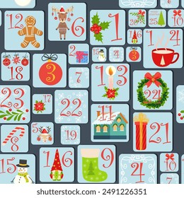 Christmas advent calendar seamless pattern with gnome, candy kane, mistletoe, cookies, holiday, candle, gift, box, Christmas wreath, boots, Christmas tree toy