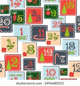 Weihnachten Advent Kalender nahtlose Muster mit Gnom, Süßigkeiten kane, Mistel, Kekse, Urlaub, Kerze, Geschenk, Box, Weihnachtskranz, Stiefel, Weihnachtsbaum Spielzeug