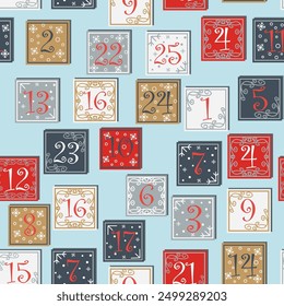 Christmas advent calendar seamless pattern with gnome, candy kane, mistletoe, cookies, holiday, candle, gift, box, Christmas wreath, boots, Christmas tree toy