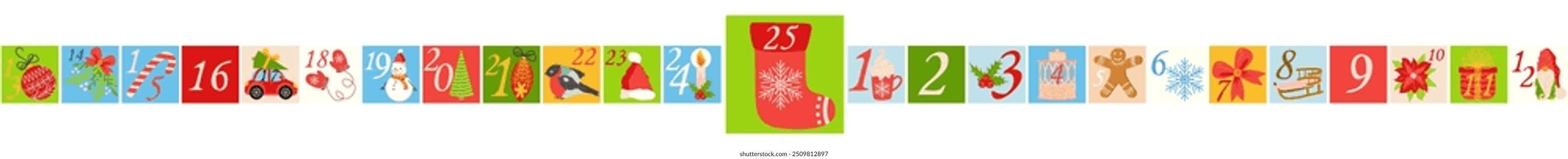 Christmas advent calendar seamless pattern. Horizontal seamless banner