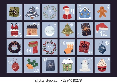 Christmas advent calendar set vector. Merry Christmas template. Christmas Tree Elements, Garland, Snowman, Gift, Stocking, Santa Claus